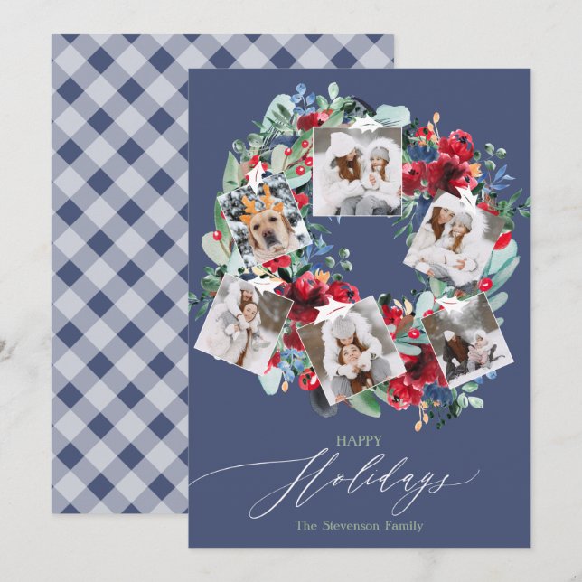 Rustic floral blue 6 photos Christmas wreath happy Holiday Card (Front/Back)