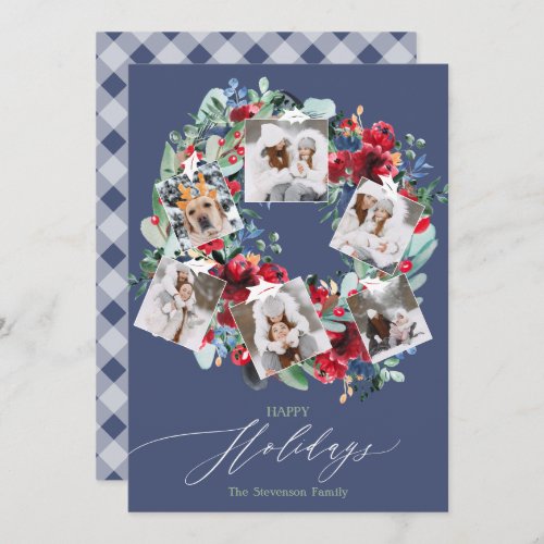 Rustic floral blue 6 photos Christmas wreath happy Holiday Card