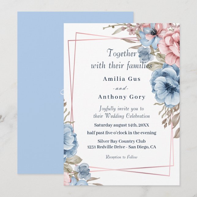 rustic floral blue and pink Wedding Invitation (Front/Back)