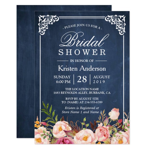 Rustic Floral Blue Chalkboard Classy Bridal Shower Invitation