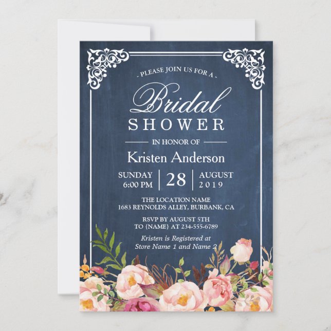 Rustic Floral Blue Chalkboard Classy Bridal Shower Invitation (Front)