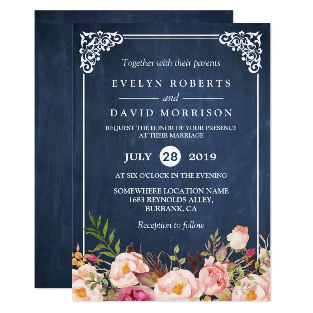 Rustic Floral Blue Chalkboard Formal Wedding Invitation