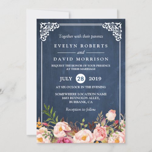Rustic Floral Blue Chalkboard Formal Wedding Card
