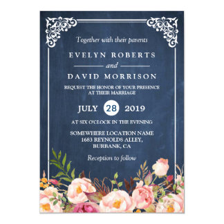Rustic Floral Blue Chalkboard Formal Wedding Invitation