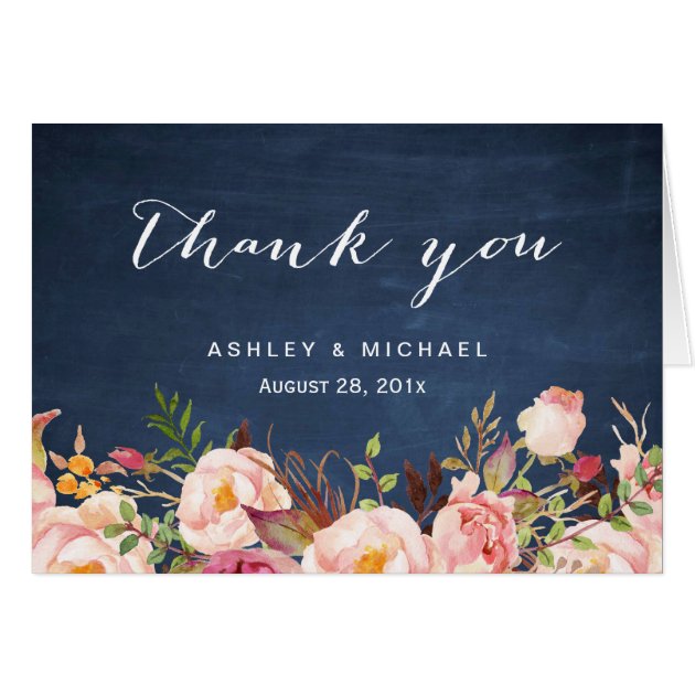 Rustic Floral Blue Chalkboard Thank You Card