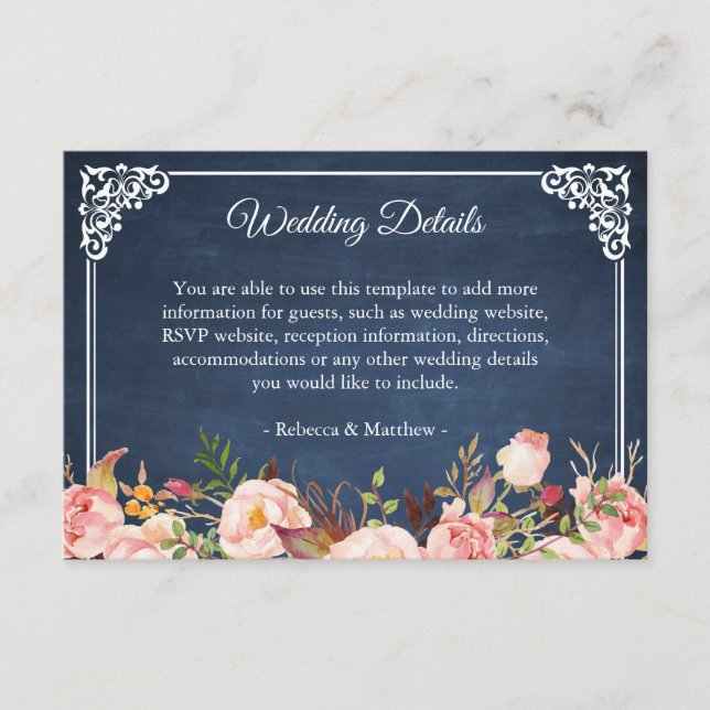 Rustic Floral Blue Chalkboard Wedding Details Enclosure Card (Front)