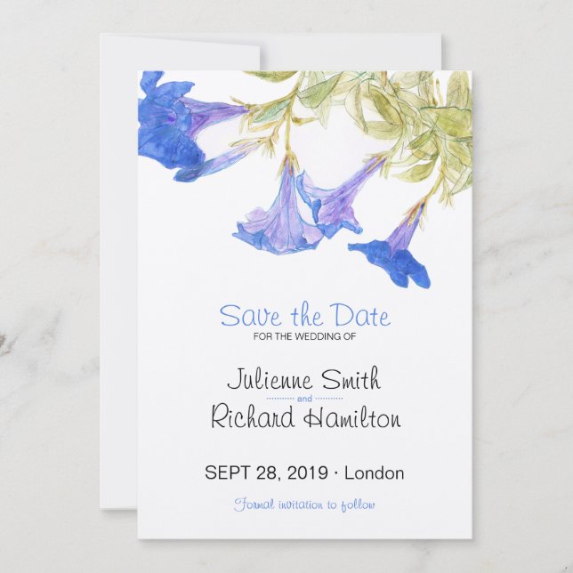 Rustic Floral Blue Flowers Wedding Save the Date (Front)