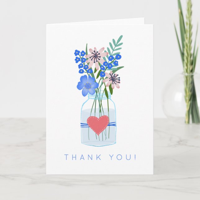 Rustic Floral Blue Letterpress Thank You Card (Front)