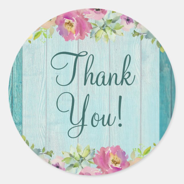 Rustic Floral Blue Wood Baby Shower Thank You Classic Round Sticker (Front)