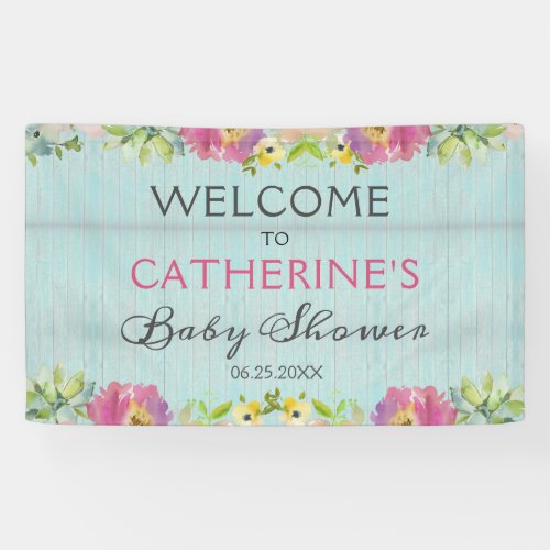 Rustic Floral Blue Wood Baby Shower Welcome 