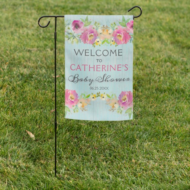 Rustic Floral Blue Wood Baby Shower Welcome  Garden Flag (In SItu)