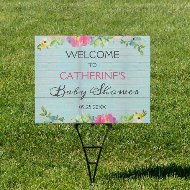 Rustic Floral Blue Wood Baby Shower Welcome Yard Sign (Insitu)