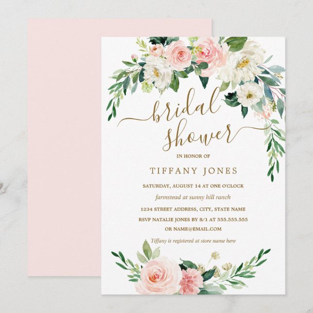 Rustic Floral Blush Gold Wreath Bridal Shower Invitation (Front/Back)