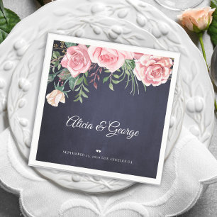 Rustic floral blush pink navy wedding napkins