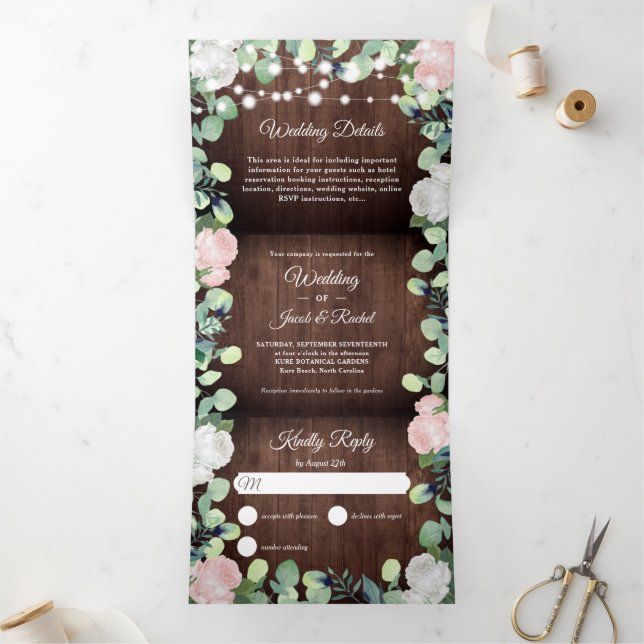 Rustic Floral Blush Pink Roses Greenery Wedding Tri-Fold Invitation (Inside)