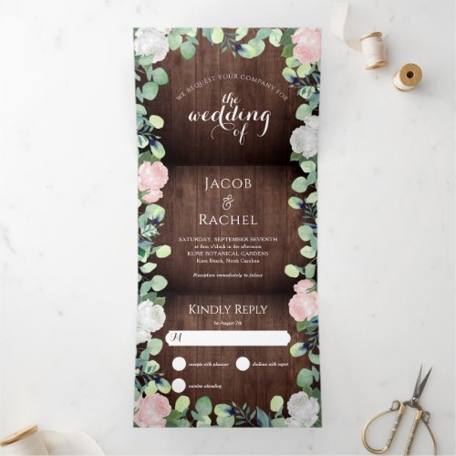 Rustic Floral Blush Pink Roses Greenery Wedding Tri_Fold Invitation