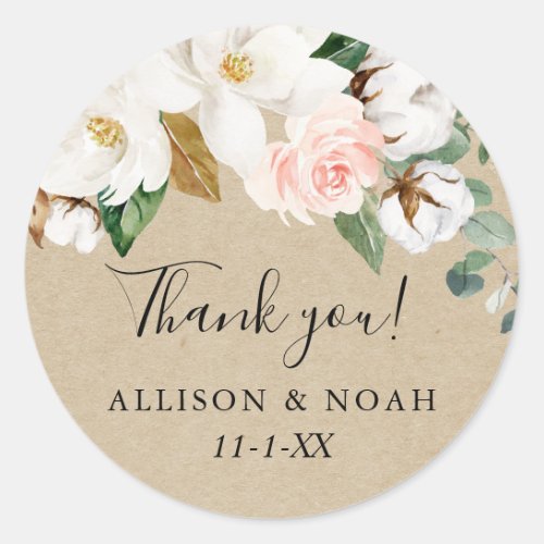 Rustic floral blush pink white magnolia favor classic round sticker