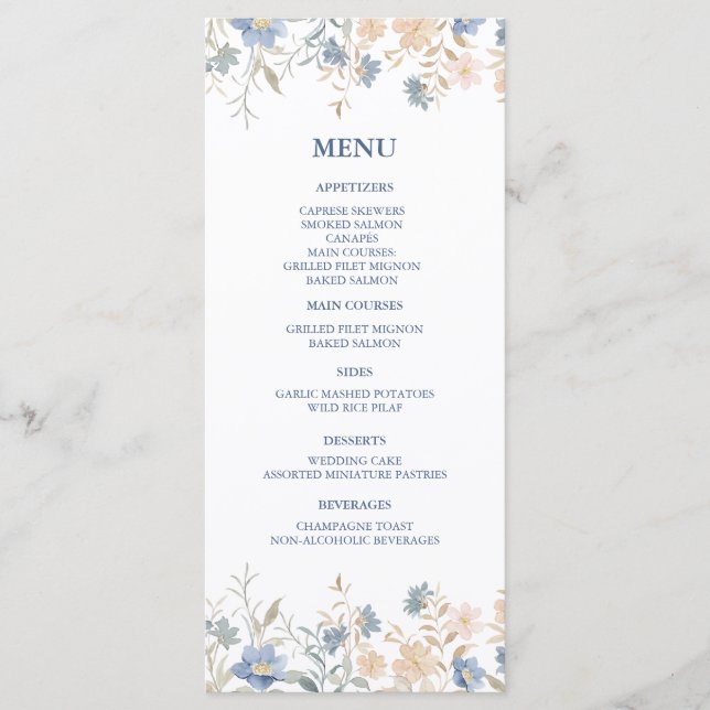 Rustic Floral Boho Blue and Beige Wedding Menu (Front)