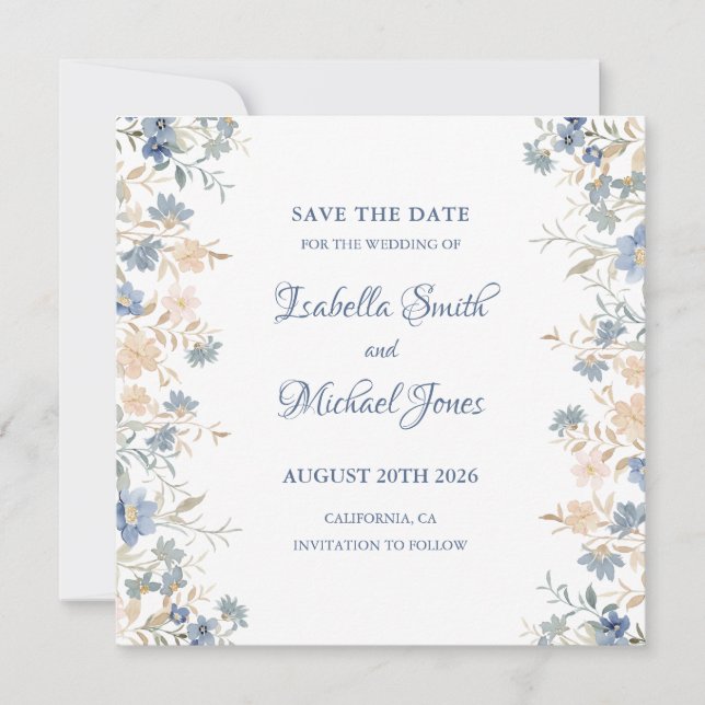 Rustic Floral Boho Blue and Beige Wedding Save The Date (Front)