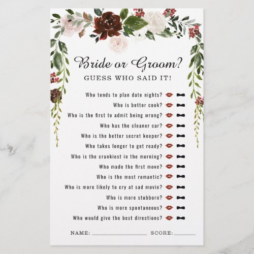 Rustic Floral  Boho Botanical Bridal Shower Game