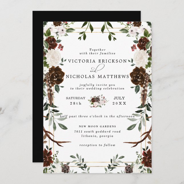 Rustic Floral | Boho Botanical Wedding Invitation (Front/Back)