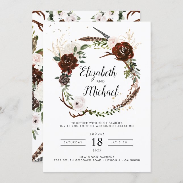 Rustic Floral | Boho Botanical Wedding Invitation (Front/Back)