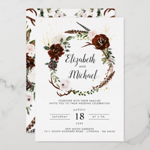 Rustic Floral  Boho Botanical Wedding Invitation Foil Invitation