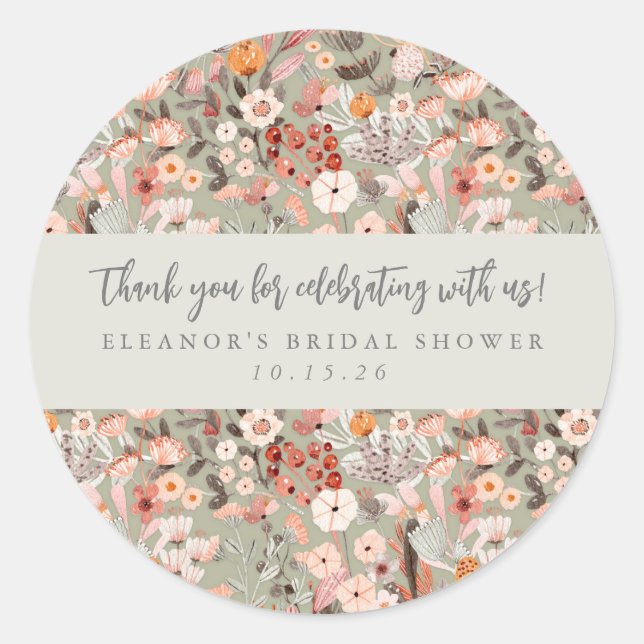 Rustic Floral Boho Bridal Shower Custom Thank You Classic Round Sticker (Front)