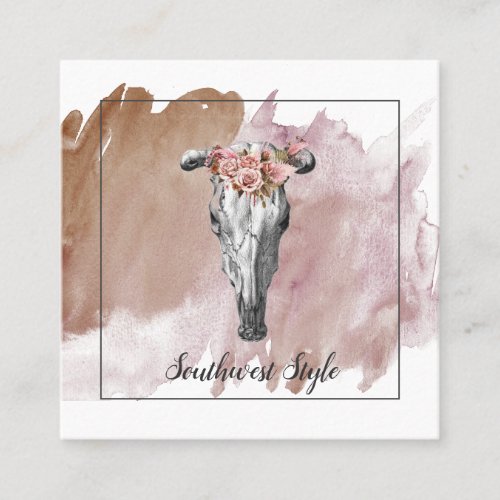 Rustic Floral Boho Cow Skull  Earthy Watercolor S Square Business Card