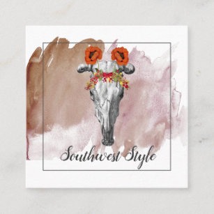 Rustic Floral Boho Cow Skull & Earthy Watercolor Square Business Card