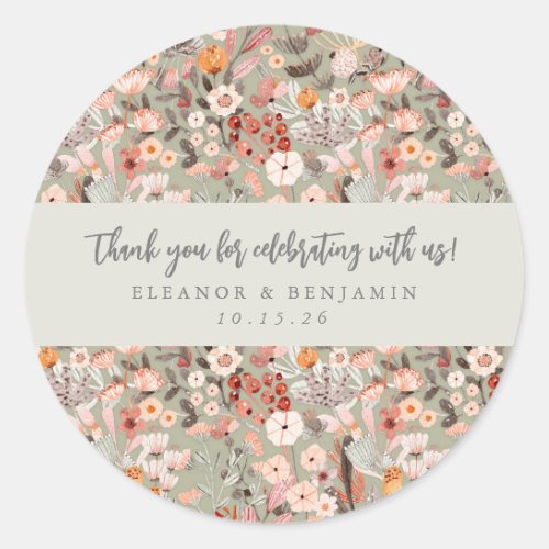 Rustic Floral Boho Custom Wedding Names Thank You Classic Round Sticker