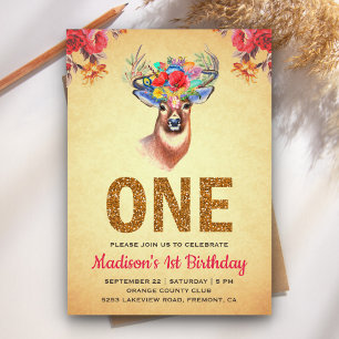 Rustic Floral Boho Deer First Birthday Invitation