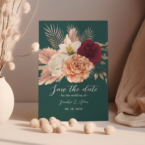 Rustic Floral Boho Emerald Green Wedding Save The Date
