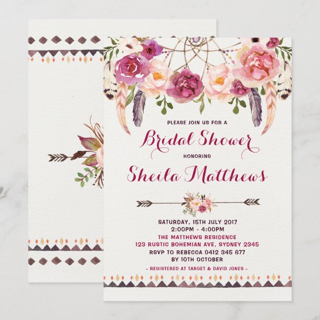 Rustic Floral Boho Invitation Bridal Shower Invite (Front/Back)