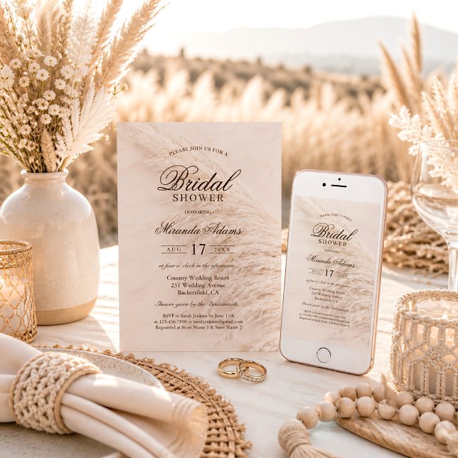 Rustic Floral Boho Pampas Grass Bridal Shower Invitation (Creator Uploaded)