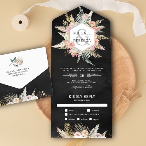 Rustic Floral Boho Pampas Grass Dark Grey Wedding All In One Invitation