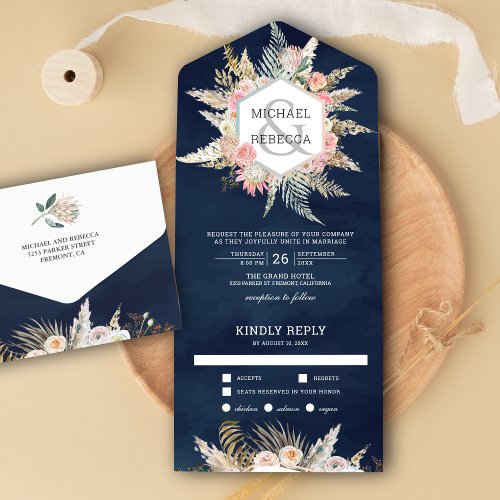 Rustic Floral Boho Pampas Grass Navy Blue Wedding All In One Invitation