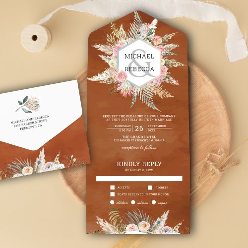 Rustic Floral Boho Pampas Grass Terracotta Wedding All In One Invitation