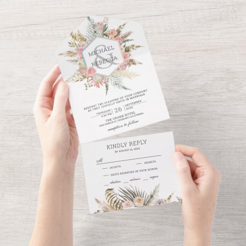 Rustic Floral Boho Pampas Grass Wedding All In One Invitation