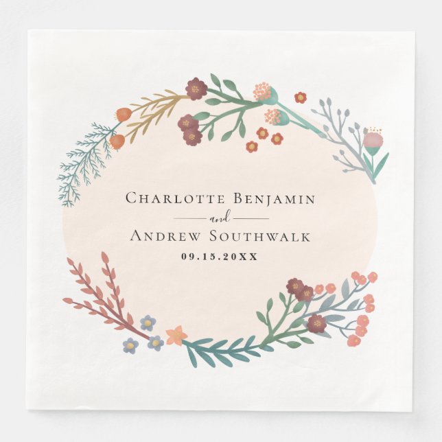 Rustic Floral Boho Wildflower Wreath Wedding Paper Dinner Napkins (Front)