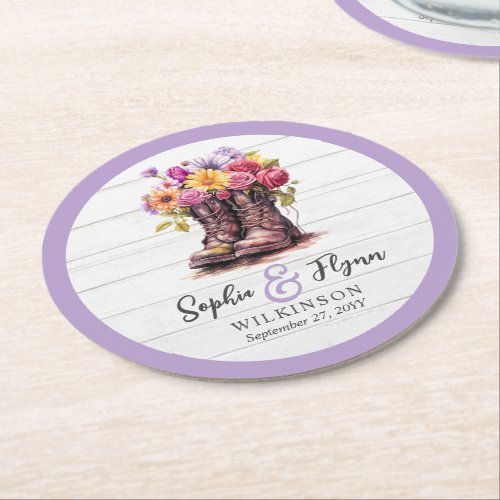 Rustic Floral Boots Barn Wood Country Farm Wedding Round Paper Coaster