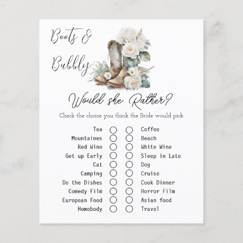 Rustic Floral Boots Bridal Shower Game Card
