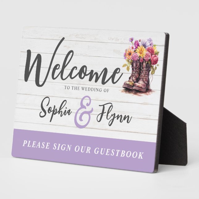 Rustic Floral Boots Farm Wedding Welcome Guestbook Plaque (Side)