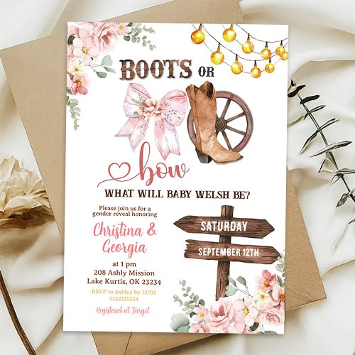 Rustic Floral Boots or Bows Gender Reveal Invitation