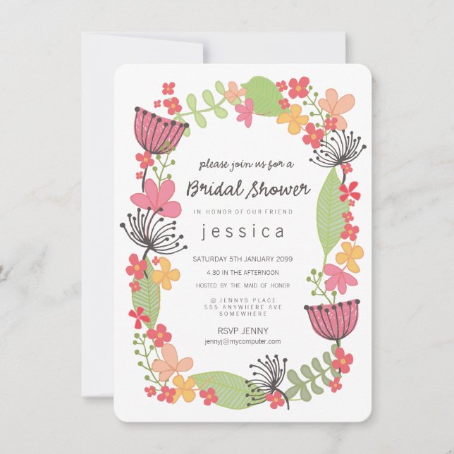 Rustic Floral Border Bridal Shower Party Invitation (Front)