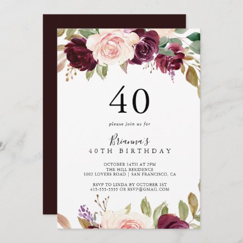 Rustic Floral Botanical 40th Birthday Party Invitation