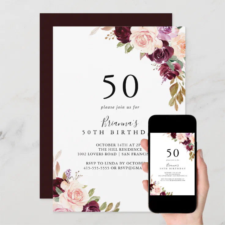 Rustic Floral Botanical 50th Birthday Party Invitation | Zazzle