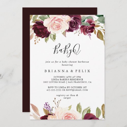 Rustic Floral Botanical BabyQ Baby Shower Barbecue Invitation