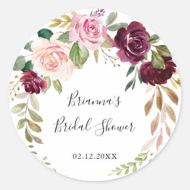 Rustic Floral Botanical Bridal Shower Favor Classic Round Sticker (Front)