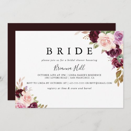 Rustic Floral Botanical Bride Bridal Shower Invitation